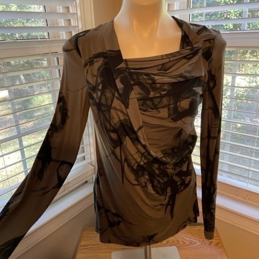 Chelsea & Theodore Olive Green and Black Draped Neck Long Sleeve Top